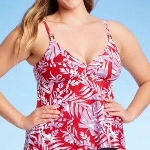 NEW Red Print Beach Pool Adjustable Straps Removeable Pads Tankini Swim Top